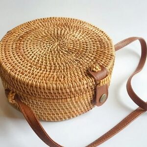 Round Woven Tan Bag with Leather Strap